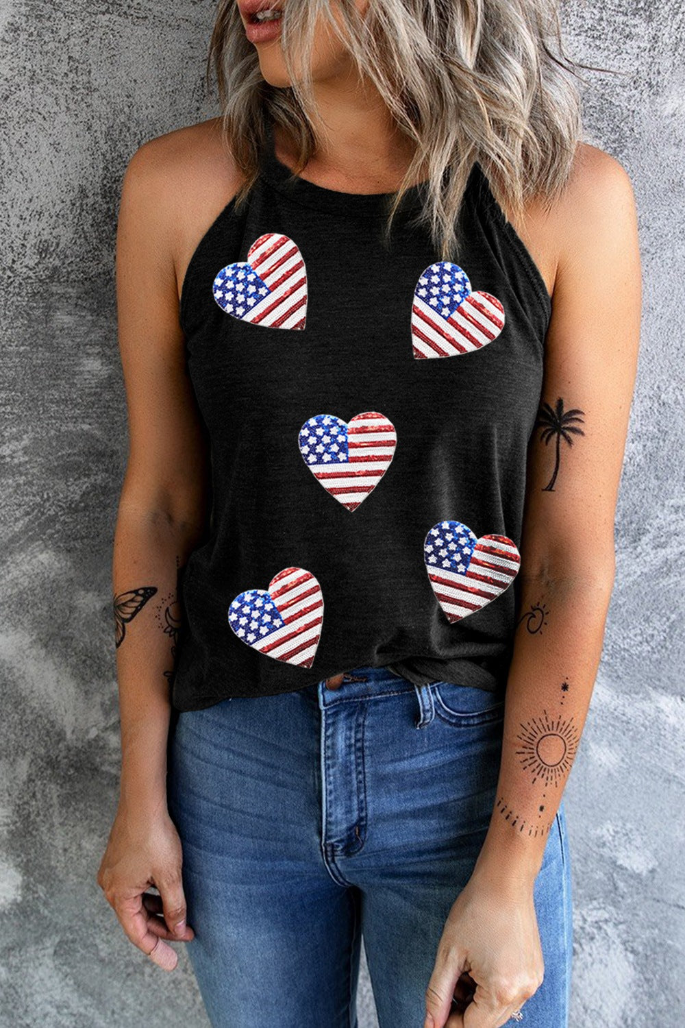 Heart US Flag Round Neck Grecian Neck Tank Heart US Flag Round Neck Grecian Neck Tank